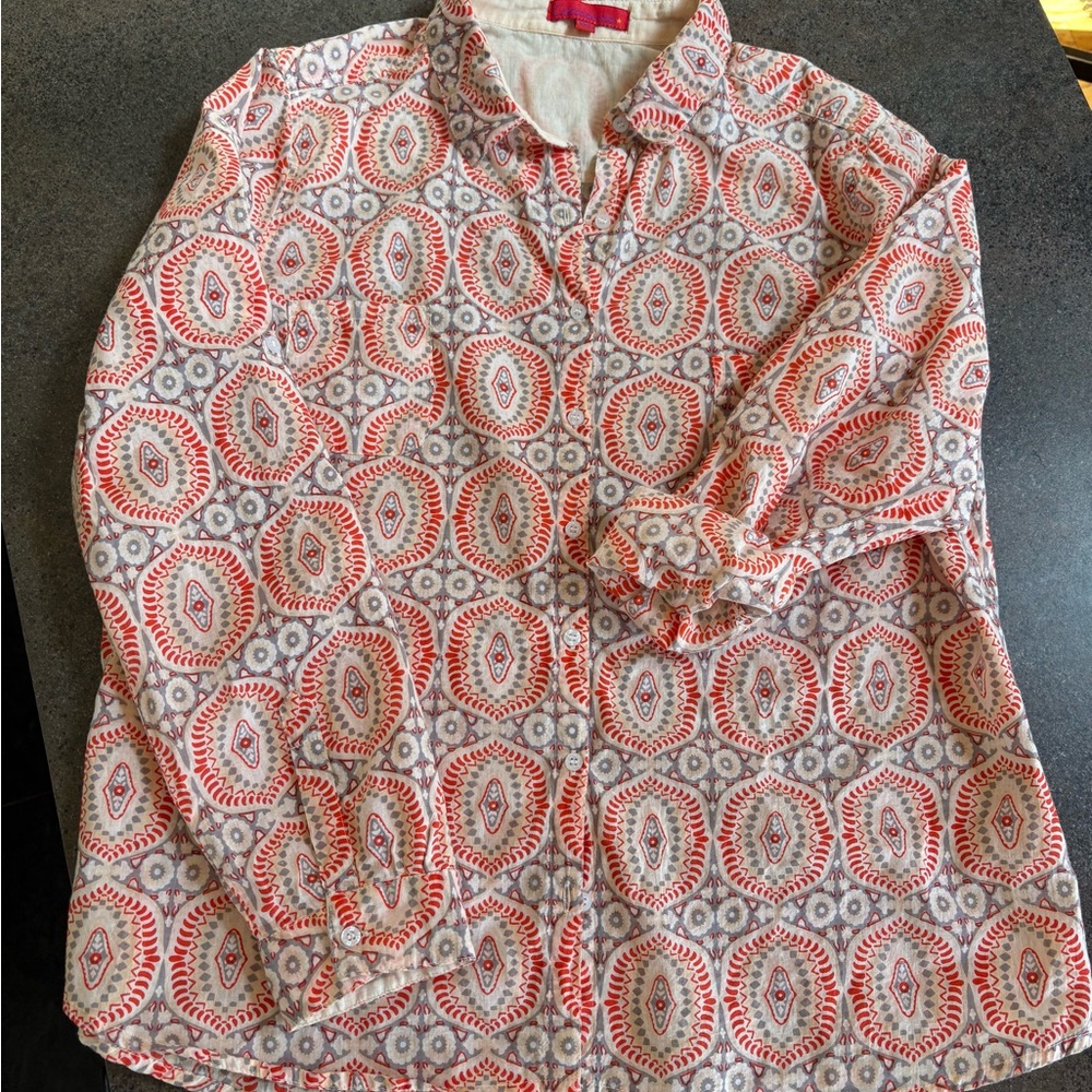 XL French, Corals and Grays Blockprint button down, summer ready!!